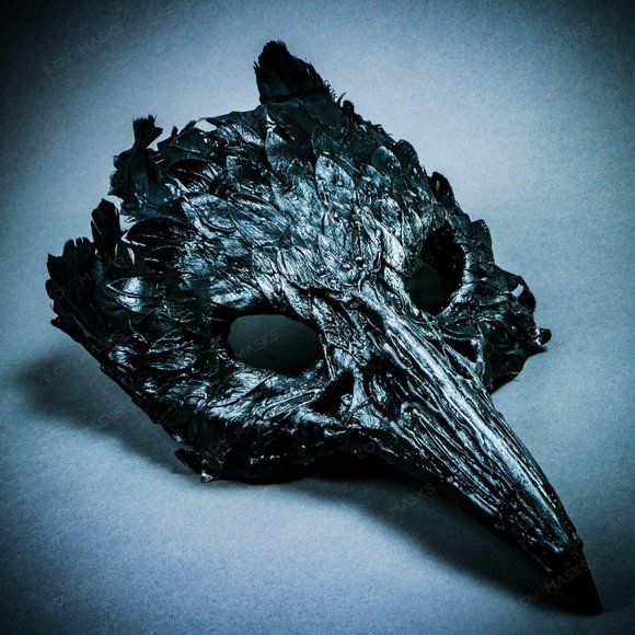 Black Raven Skull Nose w/ Feather Halloween Mask - Picture 8 of 10